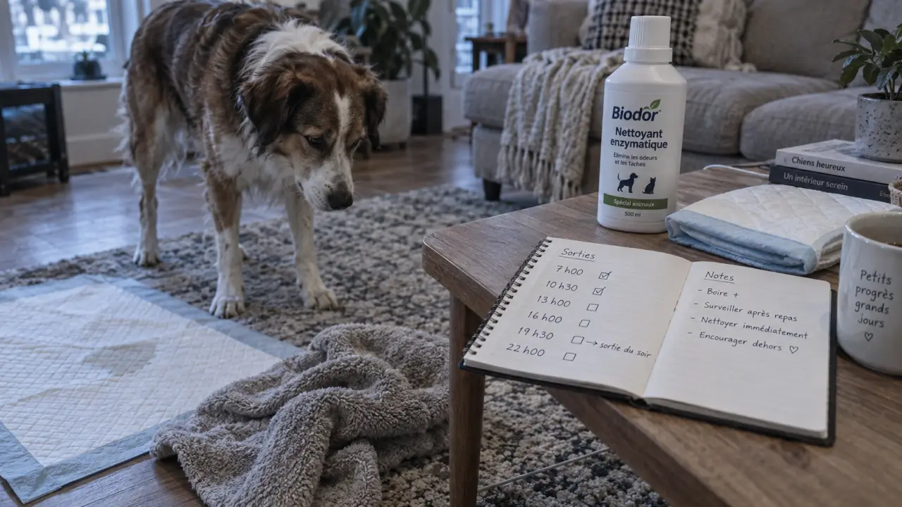 Mon chien adulte fait pipi dans la maison la nuit : chien inquiet, alèse et nettoyant enzymatique, à voir avec le vétérinaire