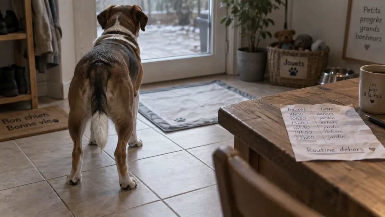 Mon chien fait caca dans la maison : accident sur carrelage, tapis éducateur et note routine dehors