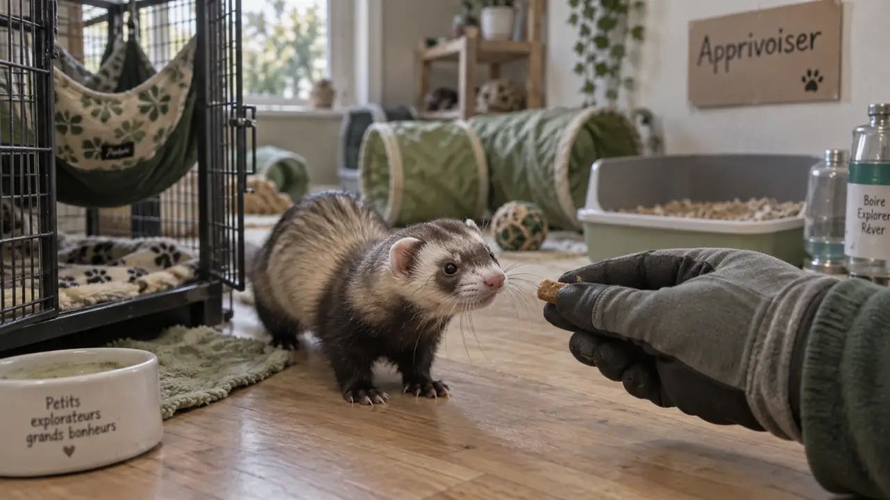 nac furet apprivoiser : furet curieux près de la récompense