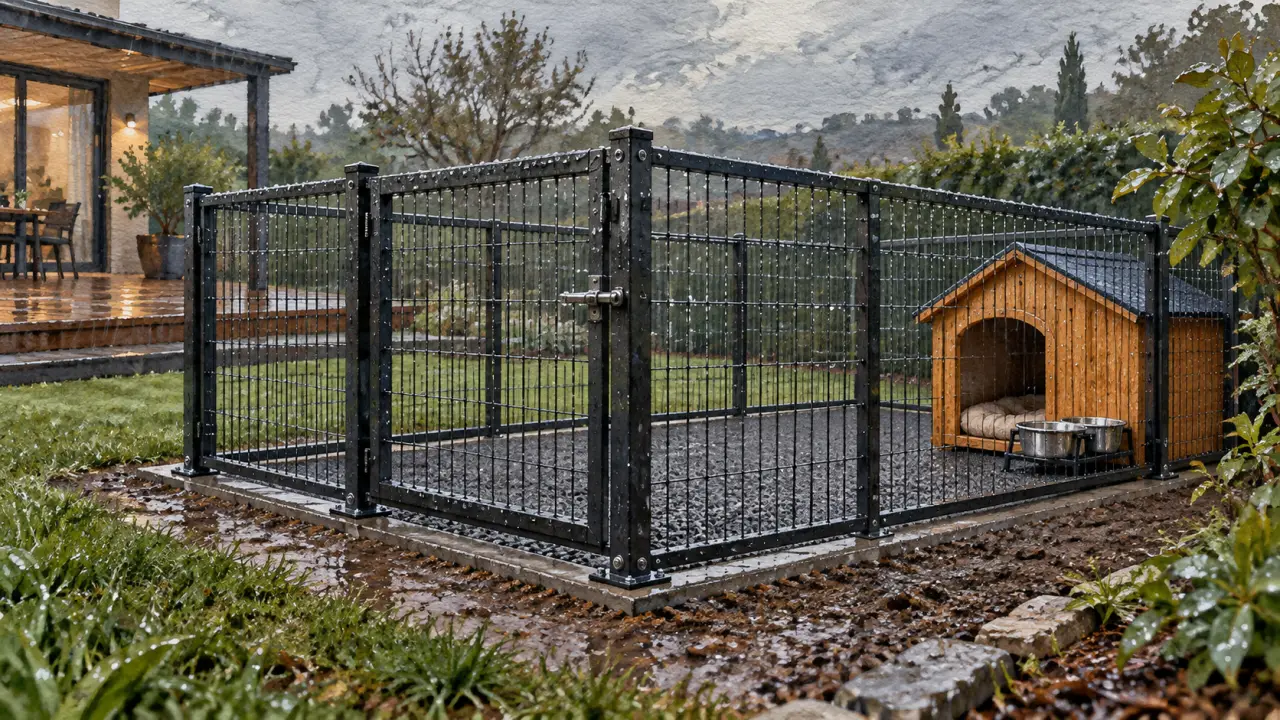 Parc exterieur chien : sol antidérapant après pluie