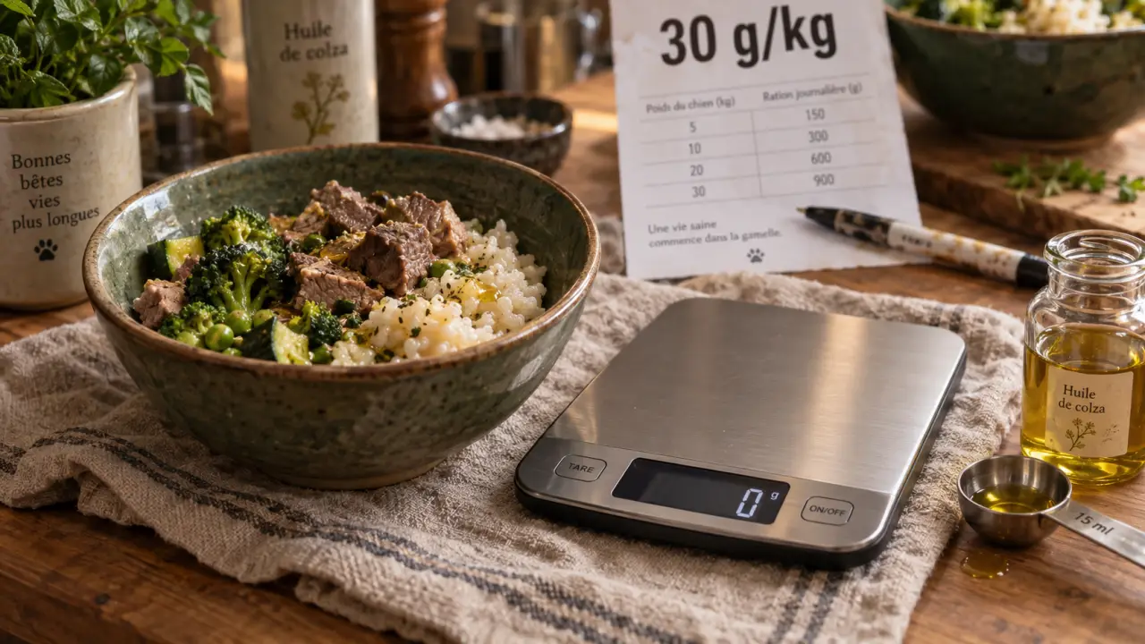 Repas maison pour chien quantité : balance et portions selon poids