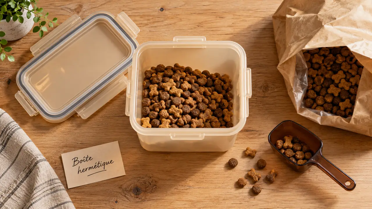 Boite à croquettes chien hermétique, volume et fermeture