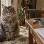 Chat croisé Maine Coon tigré, mi-long, près d’une fenêtre