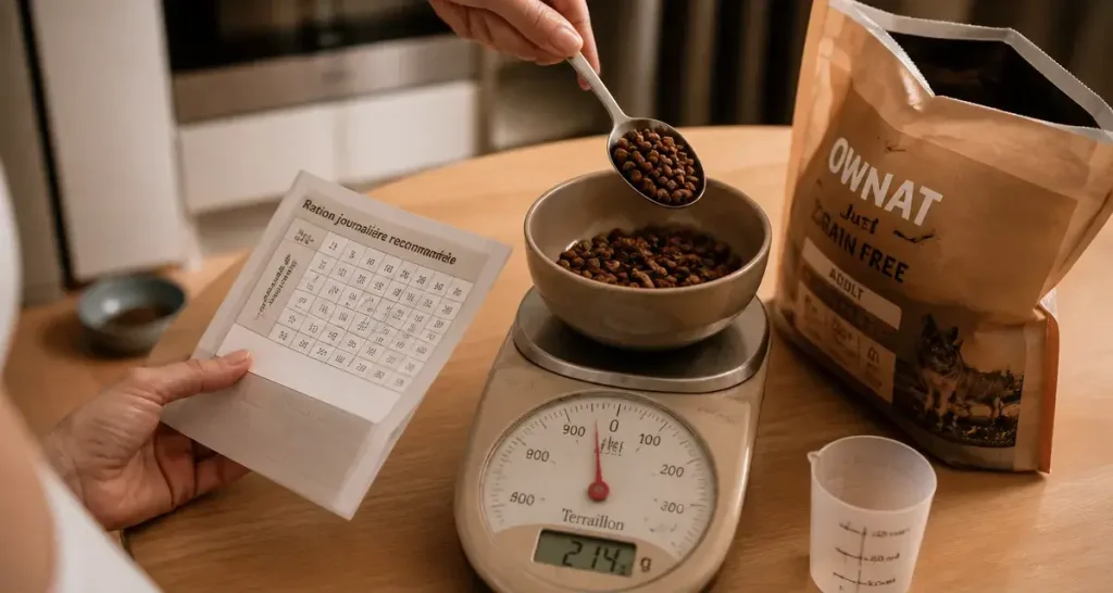 Combien de croquettes par jour pour un chien : 214 g mesurés à la balance