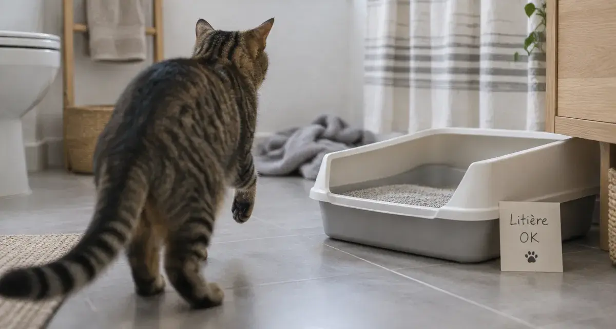 Comment attirer un chat dans sa litière : chat hésite près du bac