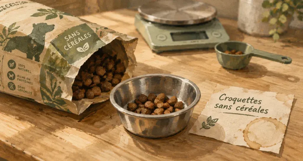 Croquettes chien stérilisé sans céréales sans pois, sac et bol de croquettes
