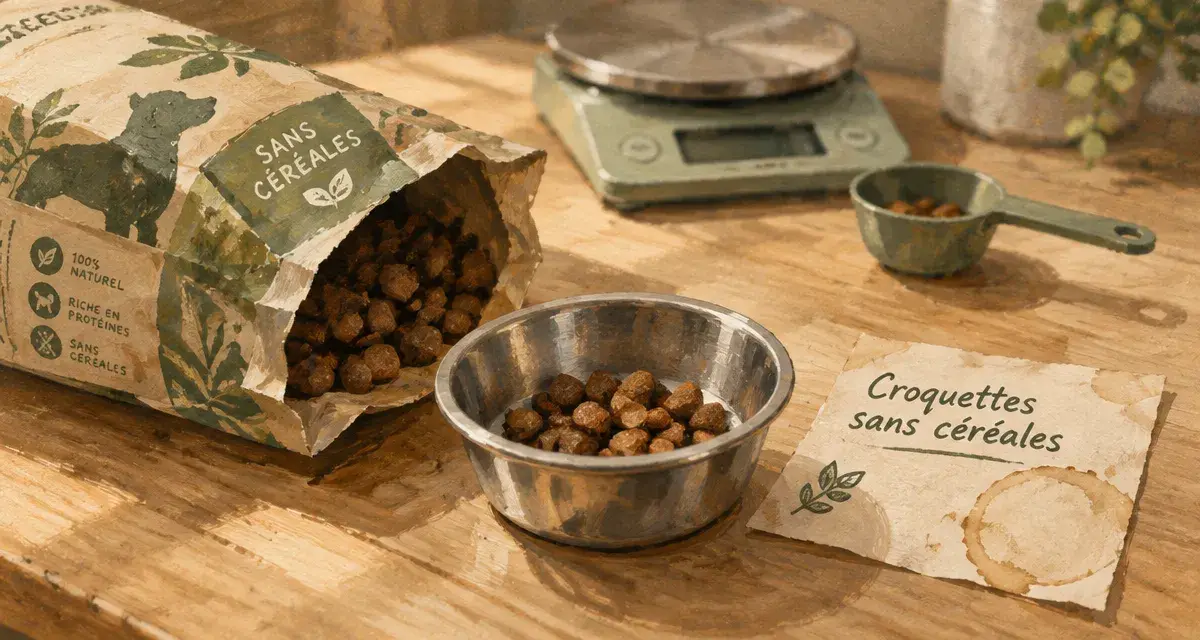 Croquettes chien stérilisé sans céréales sans pois, sac et bol de croquettes