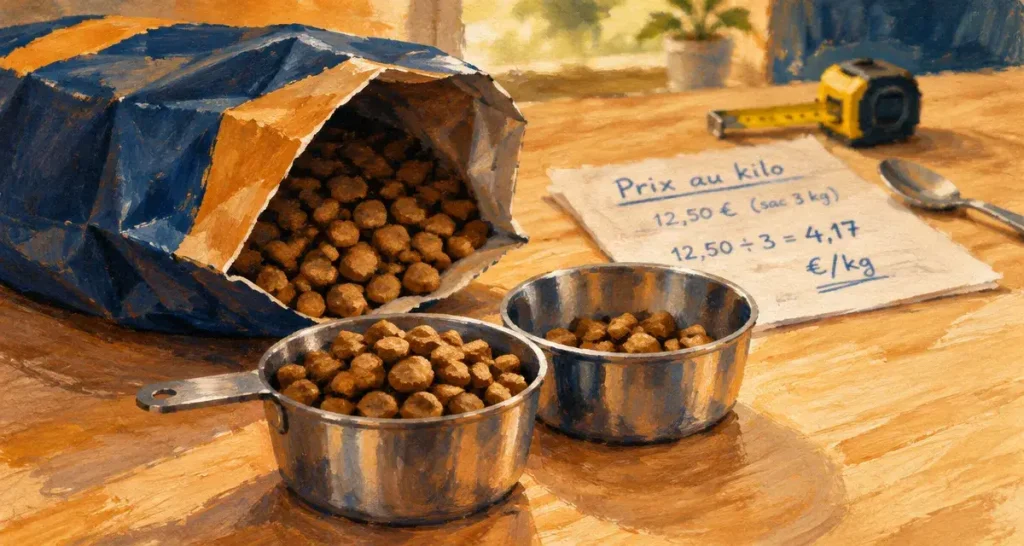 Croquettes Ultima pour chien et calcul prix au kilo en gros plan