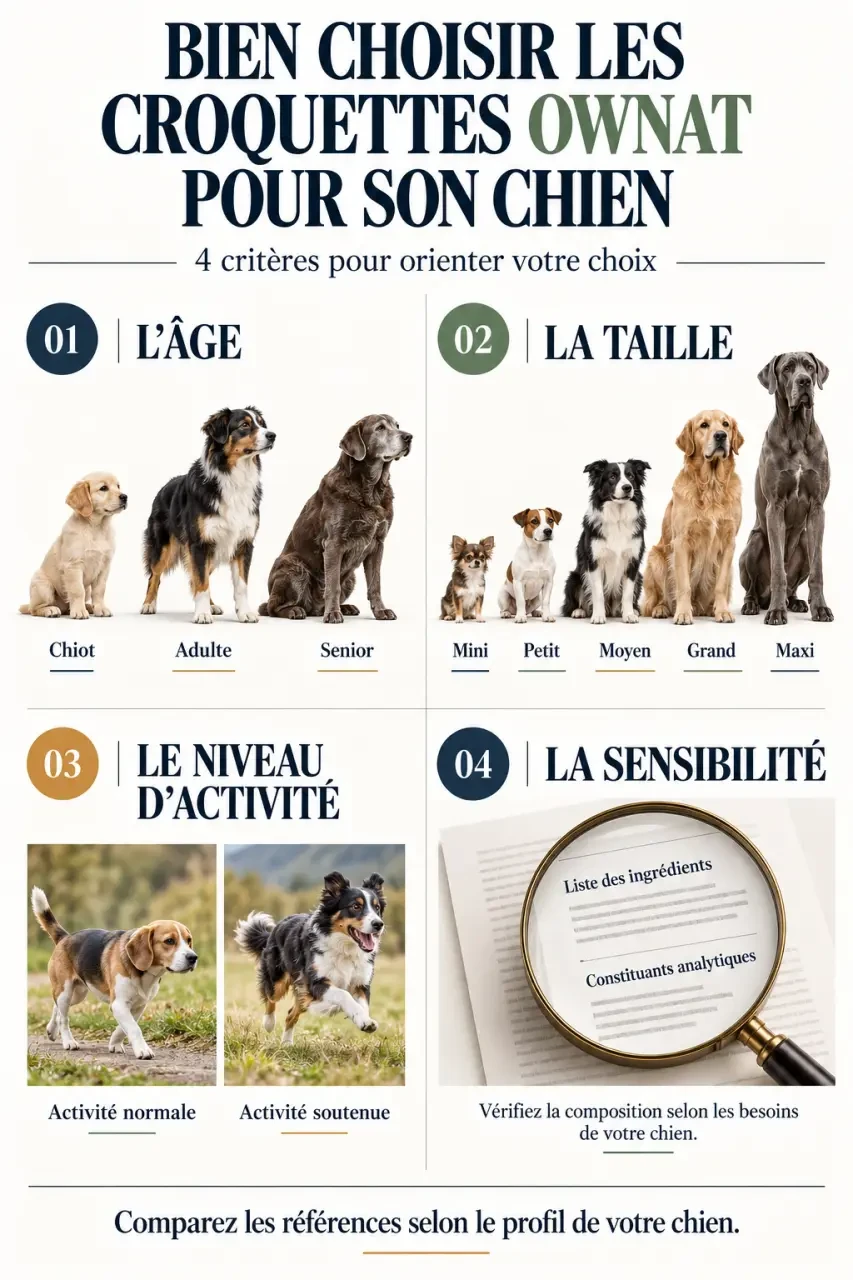 Infographie pour choisir des croquettes Ownat chien selon l’âge, la taille, l’activité et la sensibilité
