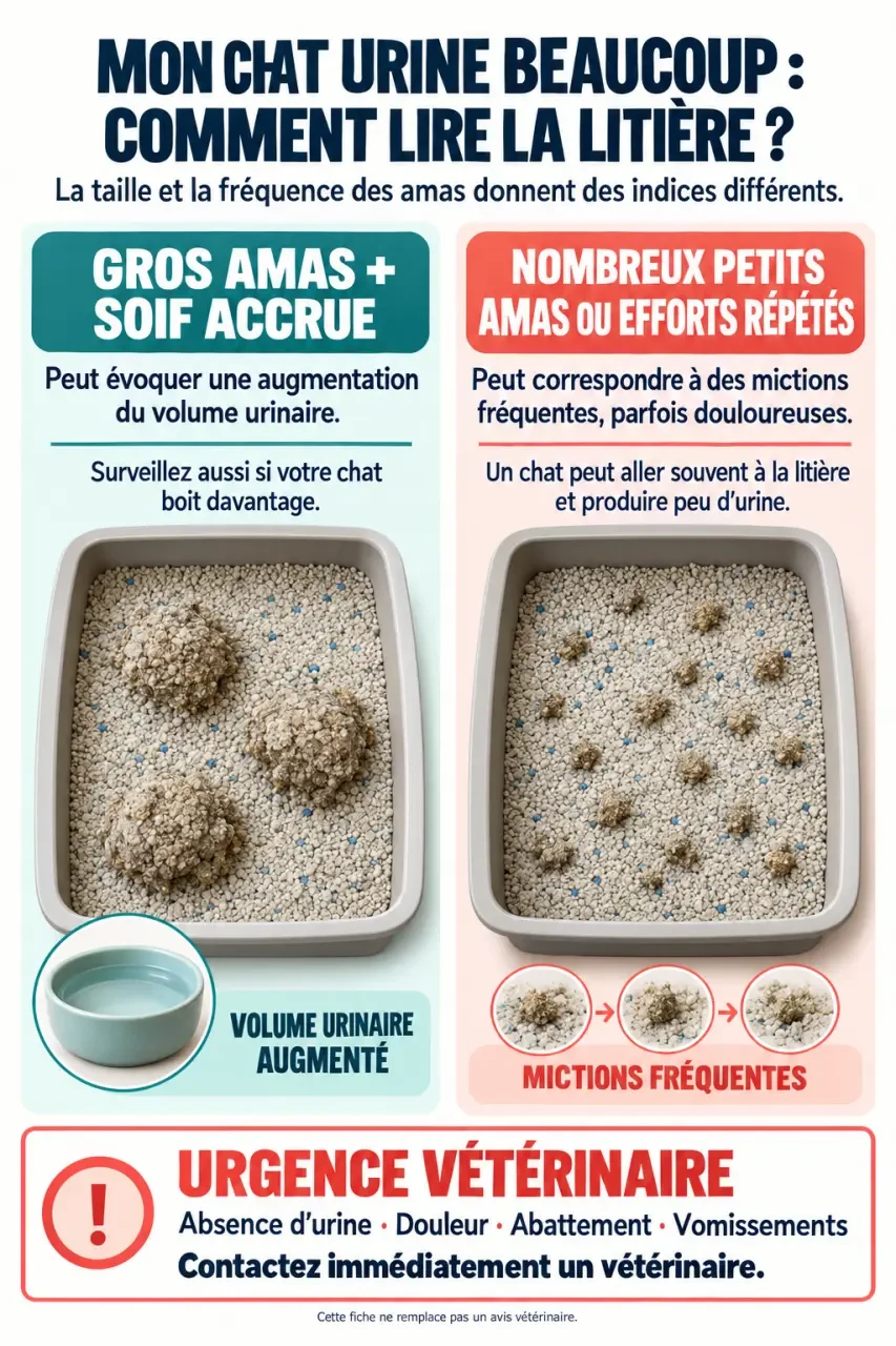 Infographie sur mon chat urine beaucoup dans sa litière : distinguer gros volumes, petits pipis et urgence urinaire