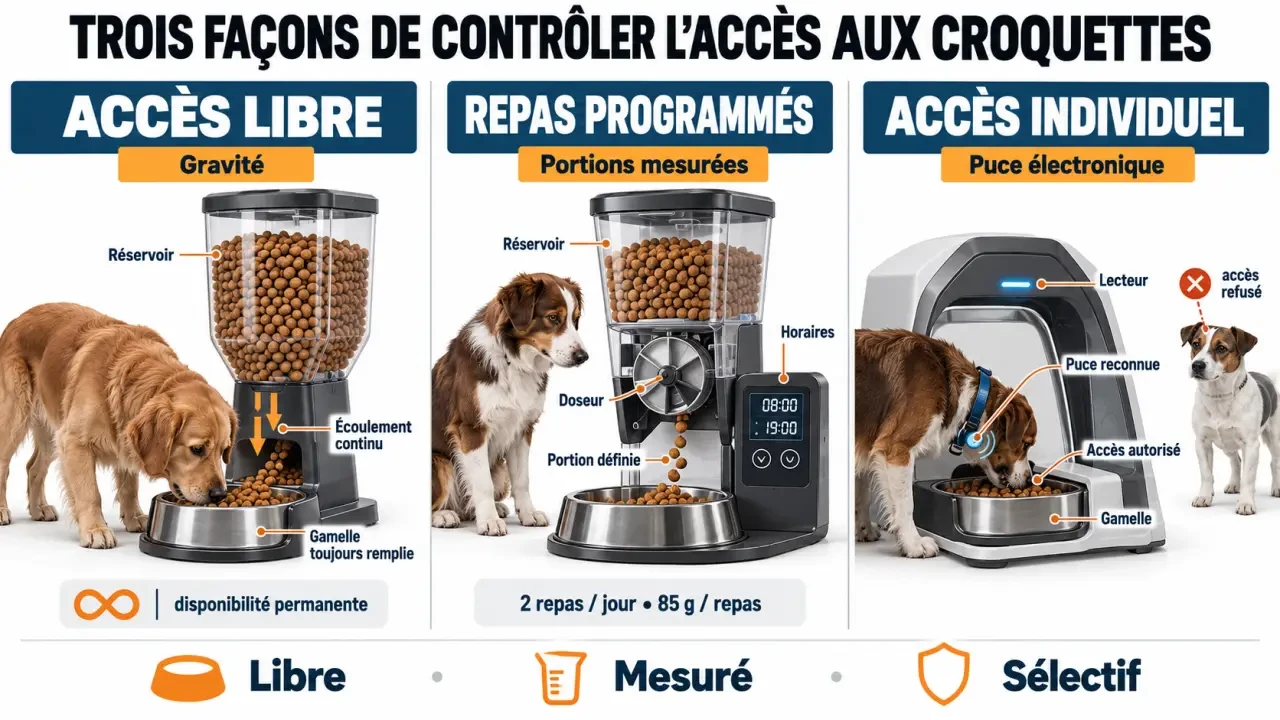 Comparaison des fonctionnements d’un distributeur de croquettes pour chien : accès libre, repas programmés et puce électronique