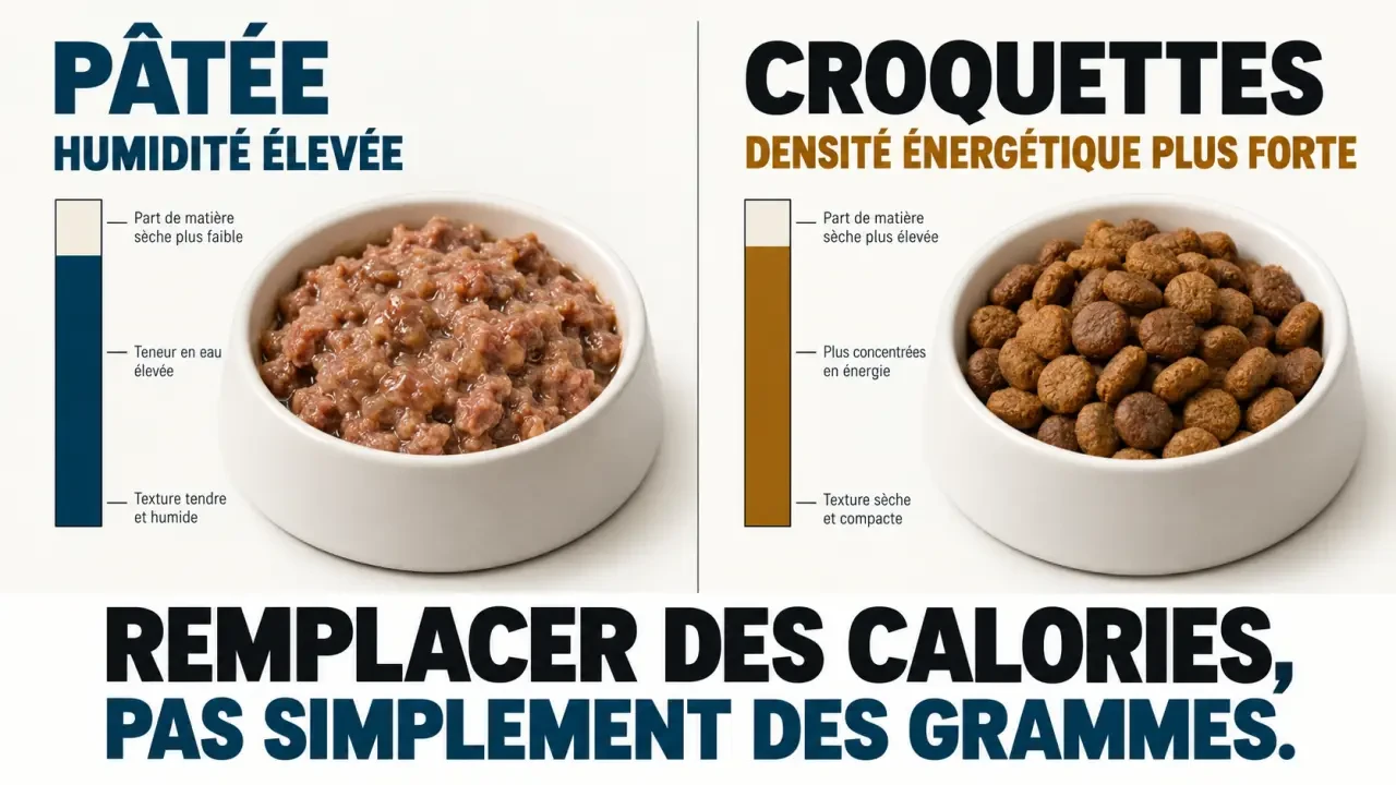 Visuel pour comprendre peut-on mélanger croquettes et pâtée pour chien, avec comparaison de l'humidité et de la densité énergétique
