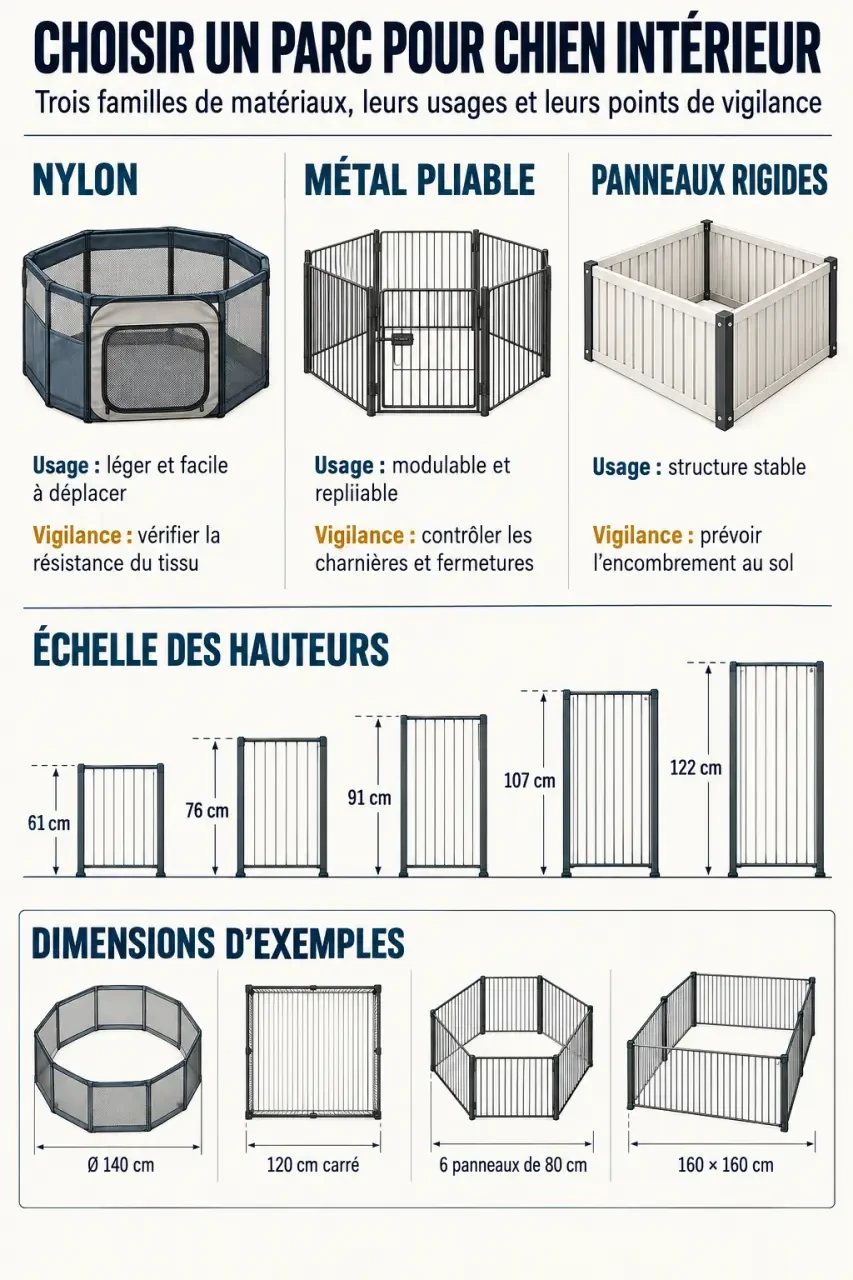 Infographie pour choisir un parc chien interieur selon le matériau, la hauteur et les dimensions