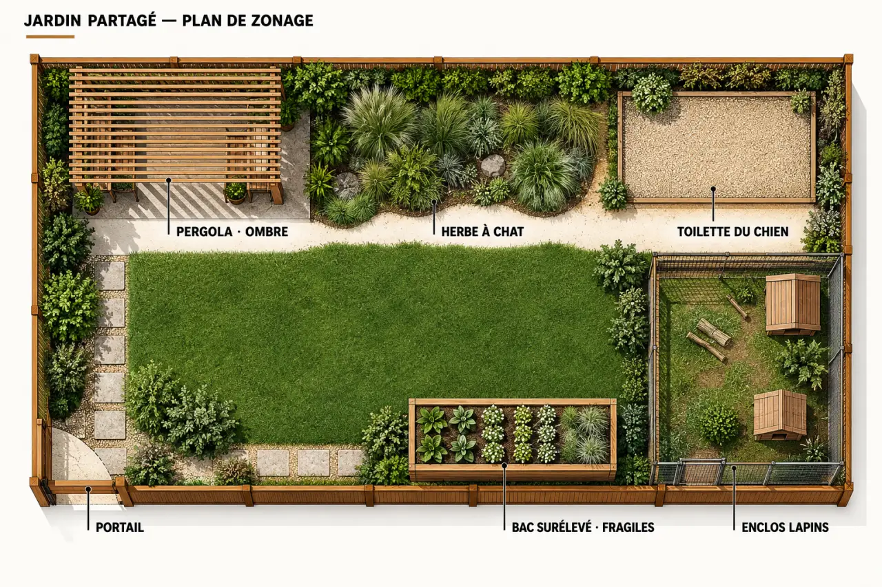 Plan d'un jardin pratique et sécurisé quand on vit avec des chats, des chiens ou des NAC, avec zones d'ombre, enclos et espace de toilette
