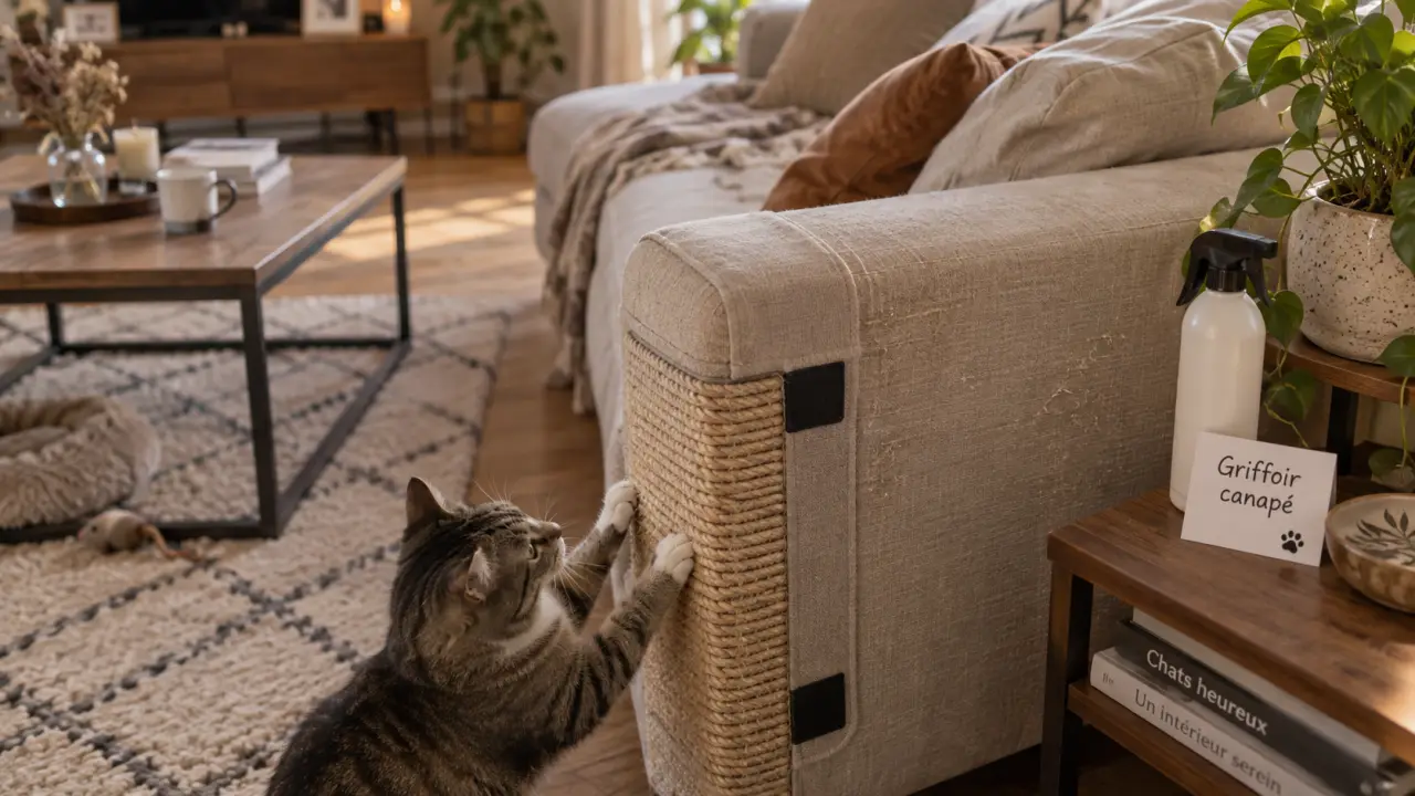Griffoir chat canapé sur accoudoir, protège le canapé