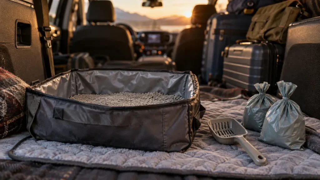 Litière de voyage chat : bac anti-fuites et anti-odeurs en tissu Oxford imperméable