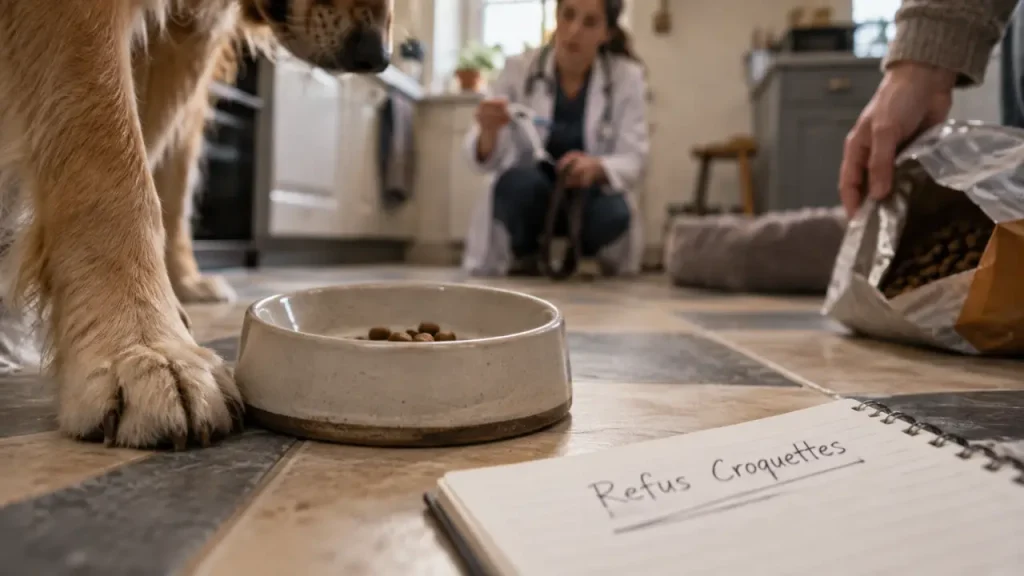 Mon chien ne veut plus manger ses croquettes : gamelle et patte, signes possibles de santé