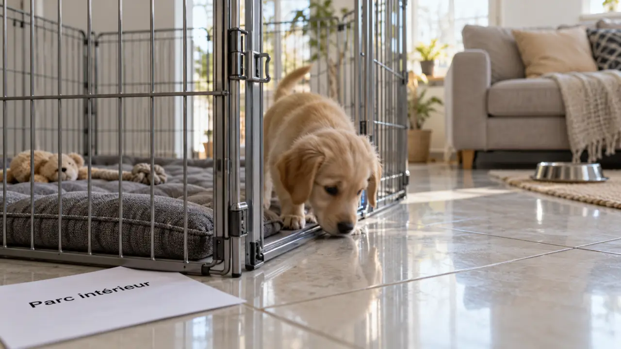 Parc chien interieur en métal pliable, stable sur carrelage, chiot à l’intérieur
