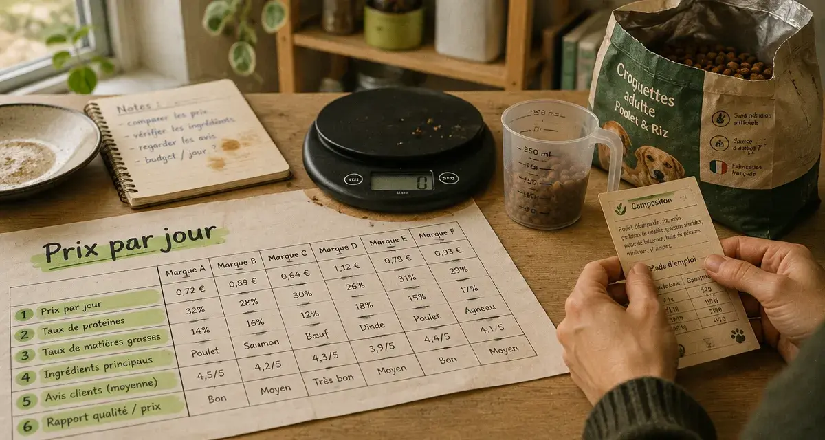 Tableau comparatif croquettes chien : prix par jour et 6 critères